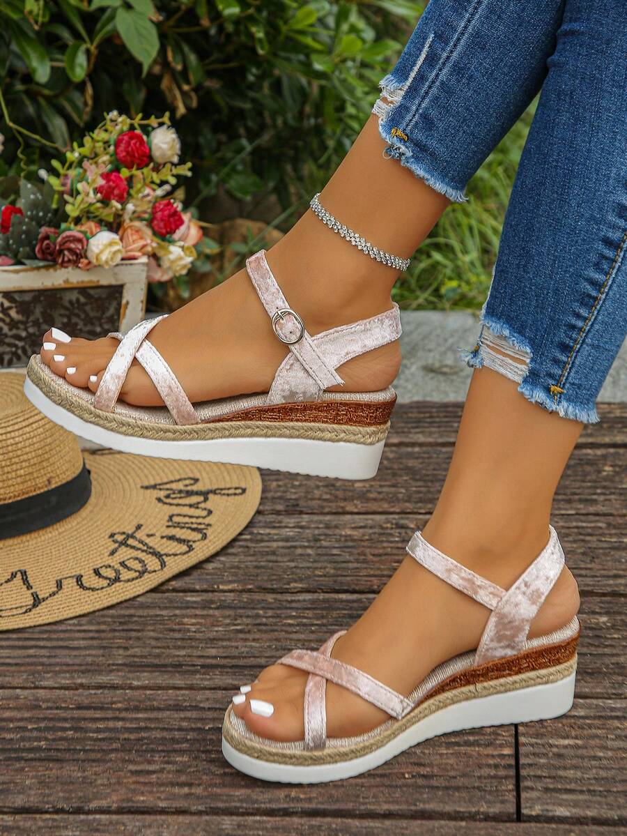 1 Pair Teenage Summer High Heel Sandals, Fashionable Satin Minimalist Strap Comfortable Buckle Casual Suitable For Daily Outing And Vacation, Summer Open Toe Platform Wedge Sandals - Baby Pink - View 1