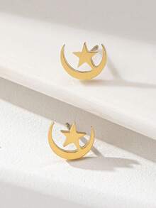 1 Đôi bông tai đinh tán nhỏ nhắn, thanh lịch bằng thép không gỉ hình mặt trăng và ngôi sao. - Vàng - Xem 2