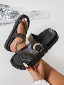New Fashion Metal Buckle Decor, Open Toe, Platform Thick Bottom Slippers, Fashionable Slides, Comfortable Versatile Beach Sandals, Suitable For Daily Wear - Coffee Brown - View 5
