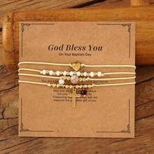 1件装时尚简约铜珠十字架吊坠手链，仿珍珠手链，黑色水晶手链，心形手链，太阳石半宝石手链，可叠戴手链，十字架复活节贺卡，可调节编织手链，适合女性日常通勤、家庭、姐妹、生日礼物、家庭礼物、情人节礼物、女士礼物、周年纪念礼物 - 彩色 - 查看 2