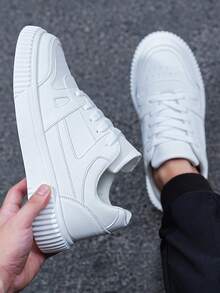 Men's White Leather Sneakers, Chunky Sole Casual Shoes - Minimalist Fashion Gift For Him - 白色 - 查看 1