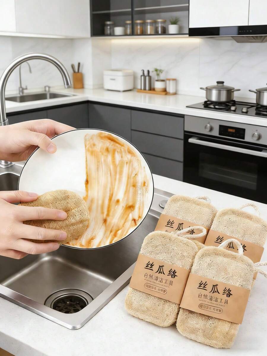 1/3/5片丝瓜洗碗海绵，丝瓜瓤洗碗刷，加厚可重复使用清洁布 - 芥末黃 - 查看 1