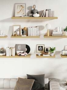 1pc No-Drill Floating Shelf Wall Mount Bookshelf For Plants, Decor, Dorm Room, Wooden Wall Mounted Storage Rack - Yellow - View 2