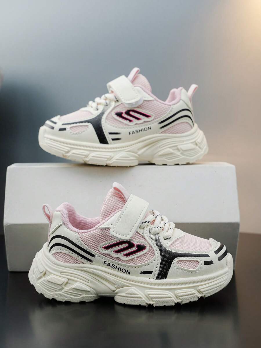 1 Pair Baby Sneakers, Soft Pink + Milky White Color Blocking, Fresh And Cool, Suitable For Princess Dresses And Sportswear. Mesh Upper Breathable, Comfortable For Spring/Summer Activities; Soft And Shock-Absorbing Soles Protect Little Feet - Pink - View 1