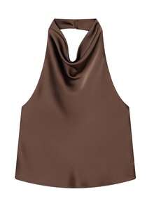 女士黑色缎面露背吊带背心，女士夏季沙滩上衣，女士吊带背心 - 咖啡棕 - 查看 4