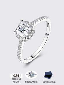 1 Piece Original 925 Sterling Silver Stunning Moissanite Ring Features A Brilliant Square Princess-Cut Center Stone The Sleek Sterling Silver Band Crafted With Premium, It's Hypoallergenic, Tarnish-Resistant, And Designed For Everyday Wear. Perfect As An Engagement Ring, Anniversary Gift, Or Statement Piece To Elevate Any Outfit-Effortless Luxury That Shines From Every Angle - Silver - View 4