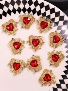 10pcs DIY Handmade Flower Plate Rhinestone Button Materials, Hollow Lace Inlaid Heart Crystal Alloy Accessories - Red - View 2