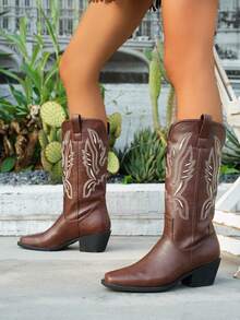 女士西部牛仔靴，新款欧美西部风格，饰以传统刺绣，假日休闲方头低跟靴底，防滑耐磨，不易疲劳，适合牧场文化牛仔派对和街头文化时尚日常节日穿着。 - 棕色 - 查看 4