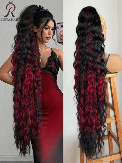 40-Inch Clip-On Horsehair Wig - Black And Red Highlighted Long Wavy Curls, Stable Clip Design, Romantic Ripple Texture, Multi-Layered Fluffy And Natural, Perfectly Suitable For Daily Party Photos. This Elegant And Voluminous Hair Accessory Is Suitable For Halloween And Christmas Parties, And Goes Well With Various Skin Tones. It Is A Must-Have Item For Fashionistas.