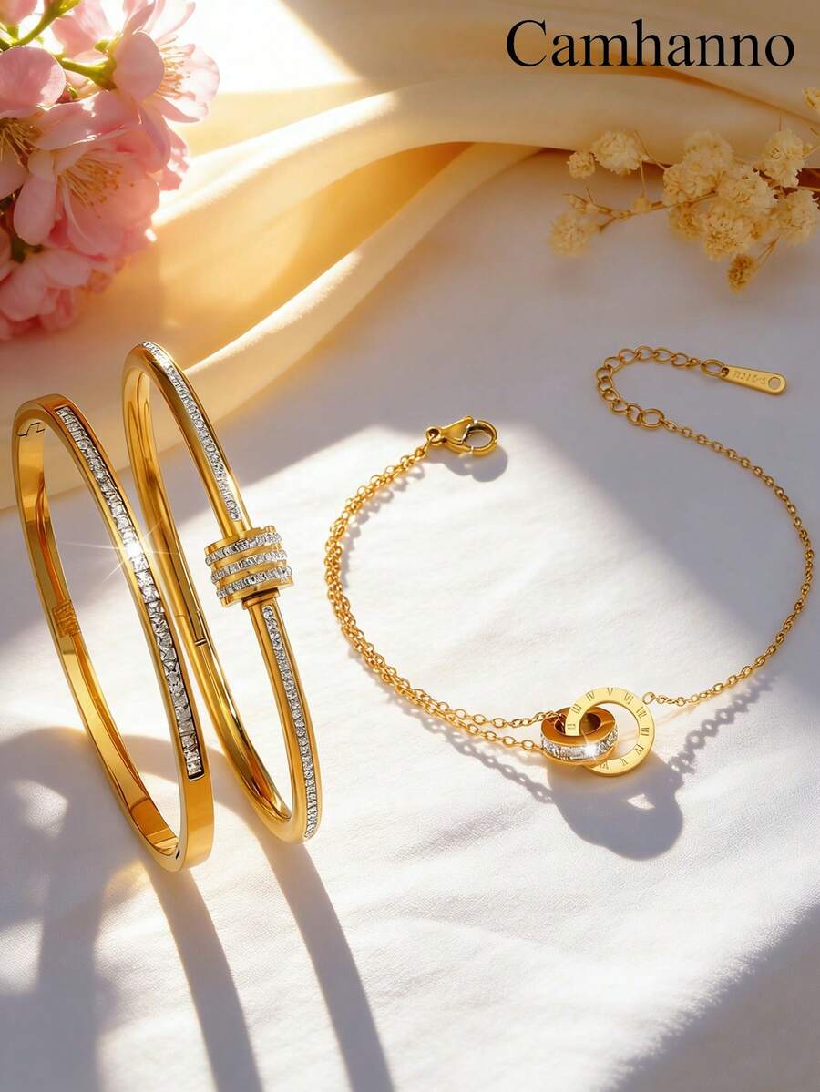 3pcs Light Luxury Elegant Stainless Steel Bracelet, Women's Bracelet Stacking Set, Durable Daily And Party Jewelry - Multicolor - View 1