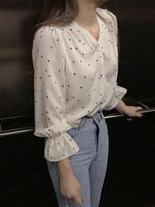 Camisa de mujer Blusa de chiffon de manga larga con estampado de corazones para mujer, estilo retro con diseño único al estilo de Hong Kong, prenda elegante y con personalidad - Albaricoque - Ver 4