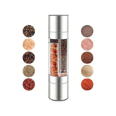 Máy xay bằng thép không gỉ 2 trong 1, Bộ máy xay muối và tiêu, Máy xay thủ công hai đầu, Chai xay thủ công có thể nạp lại, có thể điều chỉnh, bền và dễ vận hành, Bình đựng tiêu có nắp kín khí, Chai đựng gia vị du lịch trong suốt, Máy xay gia vị nhà bếp nhà hàng, Phụ kiện nhà bếp Giáng sinh, Dụng cụ ướp gia vị bít tết dã ngoại cắm trại ngoài trời