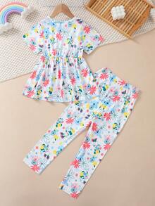 Disney 官方授权女童 - 可爱米妮两件套 - 圆领短袖上衣和长裤，米妮碎花图案，休闲夏季T恤，俏皮时尚，两件套，儿童短裤套装，女童服装 - 白色 - 查看 2