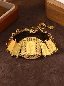 1pc Middle Eastern Saudi Arabian Style Gold-Plated Copper Wide Square Udan Rose Carved Women Chain Bracelet, Suitable For Women To Wear During Ramadan - Yellow Gold - View 2