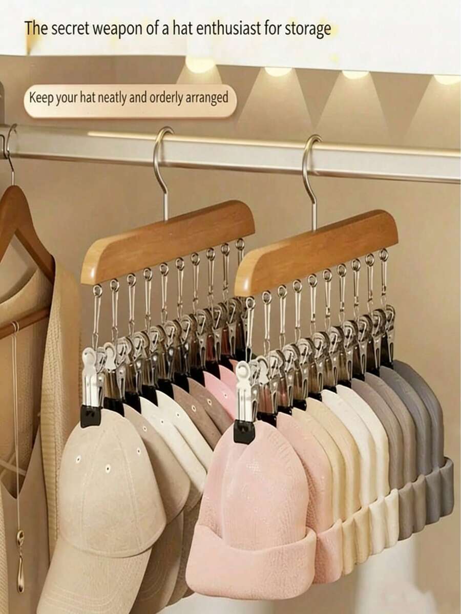 1个带10个夹子的木制多功能衣架，可用于悬挂帽子、裤子、围巾、内衣，也可作为袜子收纳架，设计简约，承重力强。