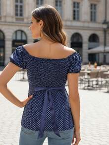 Women Fairy Grunge Y2k Babydoll Shirt Cap Sleeve Polka Dot Tie Back Flowy Crop Top Summer Aesthetic Square Neck Ruched Shirt Preppy Clothes - 藍色 - 查看 2