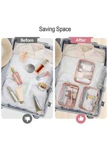 3件套男女通用防水透明化妆包，夏季度假旅行必备 - 轻便多色（粉色、黑色、白色、玫红色），多功能旅行拉链收纳包，可存放女士洗漱用品和旅行配件 - 粉色 - 查看 5