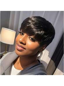 Peluca de corte pixie negro elegante para mujeres - Estilo bob de 6", peluca de corte pixie de 150% de densidad, peluca de corte pixie corto elegante para mujeres - Peluca de corte bob pixie corto con red de rosa, cabello humano natural, aspecto natural para uso diario, festivales de música y fiestas. Peluca versátil con flequillo, fácil de peinar para uso diario, fiestas, vacaciones. Peluca de cabello corto, accesorio de fiesta, textura suave con capas de corte pixie, cabello realista - Multicolor - Ver 8