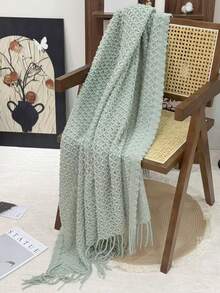 舒适橙色针织毯，带荷叶边 - 柔软涤纶材质，四季皆宜，用途广泛，适合露营、沙发、日光浴和午睡，是露营必备 | 荷叶边毯 | 涤纶针织，露营毯 - 3D菱形薄荷綠 - 查看 2