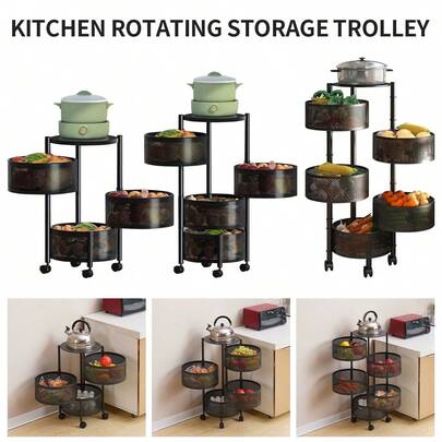 3/4/5 Tier Kitchen Rotating Storage Trolley Cart Round Vegetable Mobile Shelf Rack