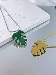One Stainless Steel 18K Gold Plated Fashionable Cactus Pendant Necklace In Green, Suitable For Men And Women Vacation Accessories - Gold - View 12