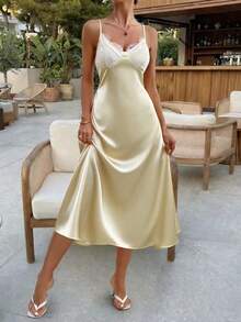 EARO 优雅女士长款缎面吊带裙，精致蕾丝连体衣，夏季无弹面料，优雅百搭 - 淡黃色 - 查看 3