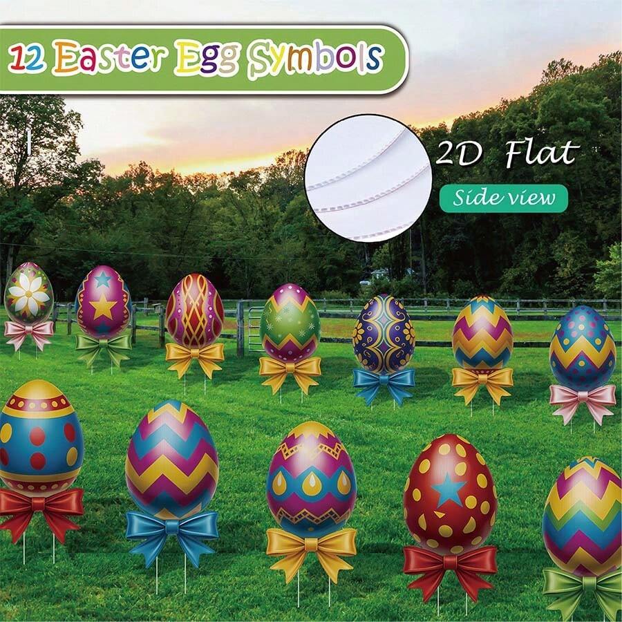 10pcs Easter Egg Yard Stakes, Colorful Patterned With Bow Design, Outdoor Lawn Path Decor Set - Multicolor - View 1
