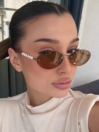 1pc Small Frame Oval Retro Personalized Women's Glasses, Frameless And Versatile Fashionable Glasses, Suitable For Travel, Vacation, Daily Wear, Beach Accessories