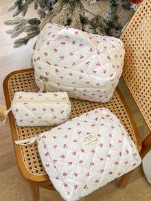 1 pièce Nouveau cadeau de Nouvel An Sac de maquillage en forme de nœud papillon matelassé rouge cerise. Sac cosmétique portable de grande capacité avec fermeture éclair, idéal pour les voyages et les vacances. Peut contenir les serviettes hygiéniques, les clés, les téléphones portables, les chargeurs, les rouges à lèvres, les cosmétiques, les parfums, les pinceaux de maquillage, les produits de soins de la peau et de beauté. Convient aux femmes, aux étudiantes, aux écolières, comme cadeau de fête. - Blanc - Voir 10