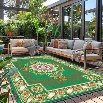 1pc Bohemian Style Green, Gold, White And Blue Carpet With Complex Curly Grass And Floral Patterns.The Velvet Fabric Weighs About 850 Grams, And The Thickness Is About 0.6cm. The Carpet Is Wear-Resistant/Non-Slip/Easy To Clean.A Variety Of Sizes Are Available.Suitable For Kitchen/Living Room/Dining Room/Bedroom/Balcony/Bathroom/Study And Other Scenes.It Is The Perfect Choice For Home Decoration.