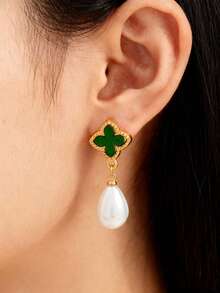 经典欧美风格四叶草仿珍珠吊坠耳环，适合日常佩戴 - 四葉草耳環 - 查看 5