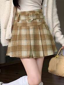 Women's Plaid Wool A-Line Mini Skirt, High Waist Pleated Skirt, Autumn/Winter - Khaki - View 2