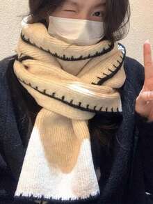 1pc Women's Fashionable Scarf, Soft Wax Wool Knitted Warm Thick Fleece Scarf, Suitable For Student Dresses In Winter - Black and White - View 2