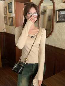 女士蕾丝拼接修身打底T恤，秋冬款 - 杏色 - 查看 4