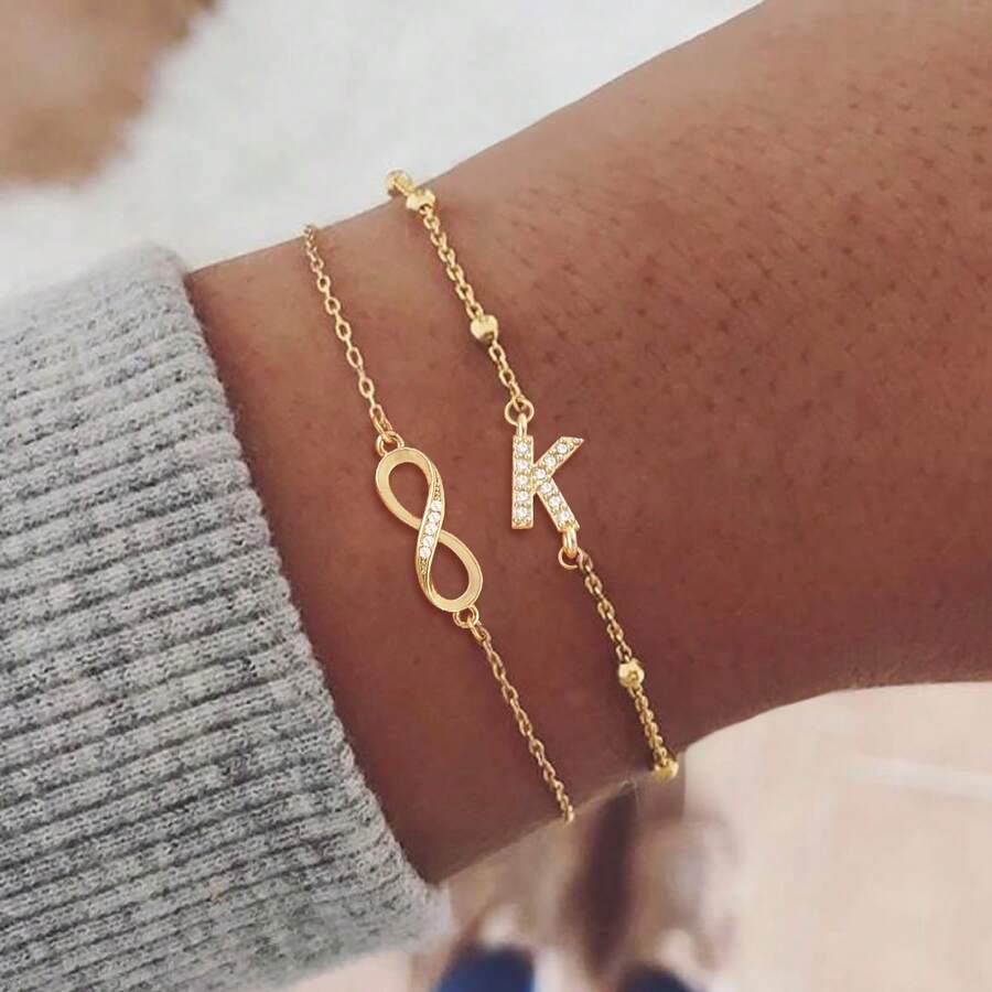 2件套新款简约英文字母及无限符号金色不锈钢链串珠多层手链，女士款 - 金黃色微鑲 - 查看 1