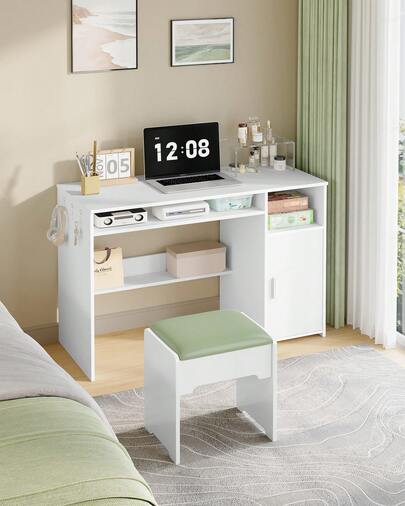 HaluPeit Mesa Ordenador, Mesa de Oficina con Alenento, Escritorio Moderno con Estantería, para Estudio, Oficina, Dormitorio, 50 x 108 x 75 cm, Blanco