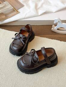Girls' Flat Shoes With Bow Tie, British Style Leather Shoes - Brown - View 6