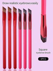 6pcs Wild Eyebrow Brushes, Square 3D Synthetic Eyebrow Makeup Brushes, Beginner-Friendly Eyebrow Grooming Makeup Tools - Red - View 2