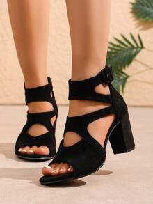 2026新款厚底防水坡跟凉鞋，配皮质搭扣和后拉链 - 黑色 - 查看 1