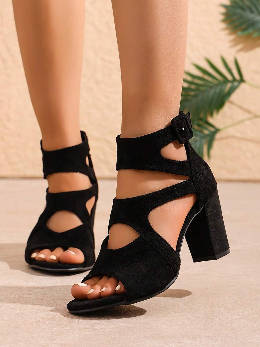 2026新款厚底防水坡跟凉鞋，配皮质搭扣和后拉链 - 黑色 - 查看 1