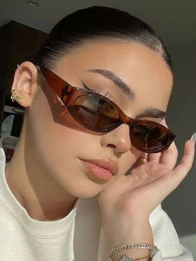 1 par de gafas de mujer con montura de ojo de gato de color marrón sólido vintage, de estilo callejero de moda y de tamaño pequeño