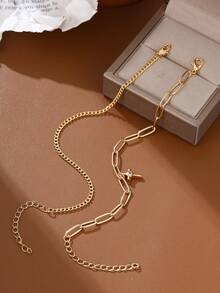 2pcs Layered Women's Bracelet, Zirconia Studded Cross Design Mixed Chain Style, Fashionable And Chic For Everyday Wear (Random Quantity Of Chain Rings) - Yellow Gold - View 5