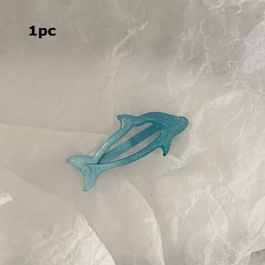 Adorable Blue Glitter Dolphin Hairpin - Soft Resin Animal Hair Accessories For Ladies, Delightful Bunny Side Hairpin For Everyday And Casual Use, Versatile All-Season Hairpin For Daily Styling, Whimsical Hairpin With A Romantic Touch - 藍色 - 查看 1