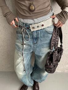 1条米色PU材质女士个性化铆钉绳结腰带 - 米色 - 查看 2