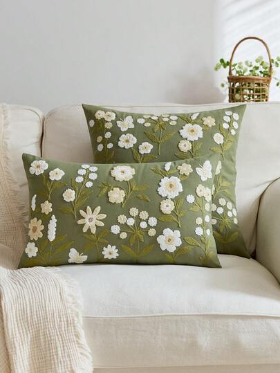 1pc Green Spring Floral Embroidered Throw Pillow Cover, Butterfly & Wildflower Pillow Sham For Indoor Decor, Suitable For All Seasons, Pillow Insert Not Included