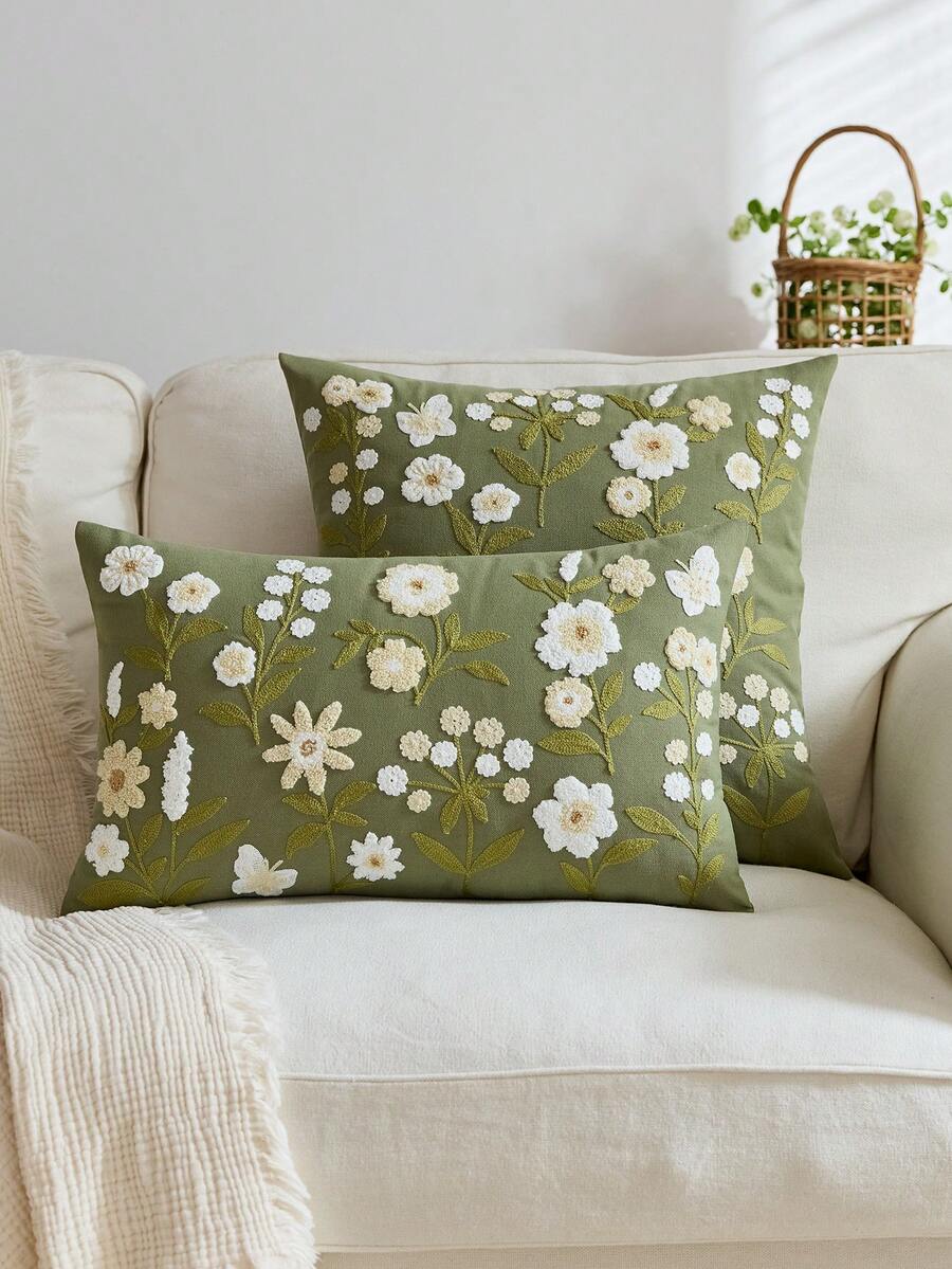 1 pieza Funda de almohada bordada con flores y mariposas de primavera verde para decoración interior, adecuada para todas las estaciones, sin incluir el relleno de la almohada