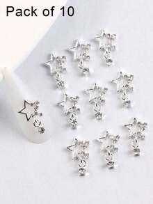 10Pcs/Pack Japanese And Korean Style Lz Internet Celebrity New Nail Art Alloy Decoration With Rhinestone Star Pendant For Diy Nail Decoration Nail Charms Nail Gems Nail Supplies Nails - Bạc - Xem 10
