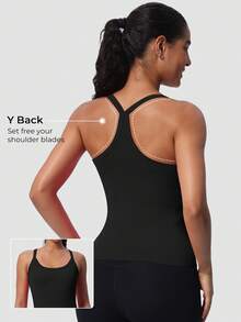 Racerback Tank Tops For Women - Scoop Neck Spaghetti Strap Padded Workout With Built In Bra - 黑色 - 查看 1