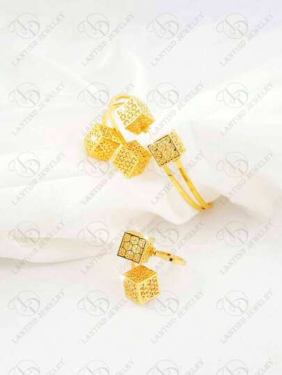 24K Gold Plated Hollow Spider Web Patterned 2 Pieces Egg-Shaped Jewelry Set, Fashionable For Women, Suitable For Party, Wedding, Anniversary, And Daily Wear