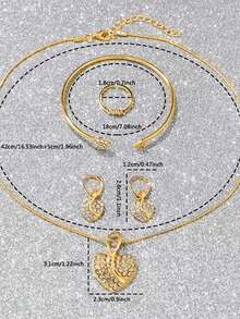 6件套华丽奢华女士石英手表和银饰套装（包括一款镶满水钻的金属表带罗马数字表盘石英手表、心形水钻手链、项链、耳环和戒指）， - 金色 - 查看 5